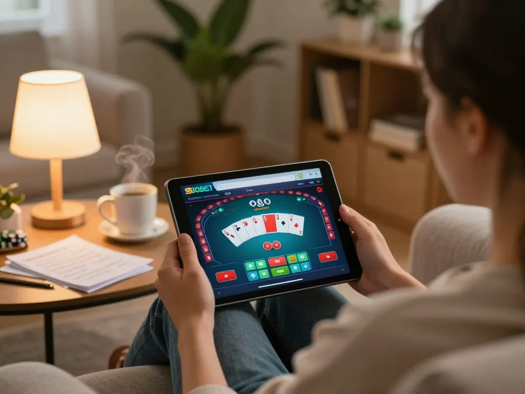 Scene permainan mobile SBOBET dengan individu yang fokus pada gameplay poker online dari suasana rumah yang nyaman