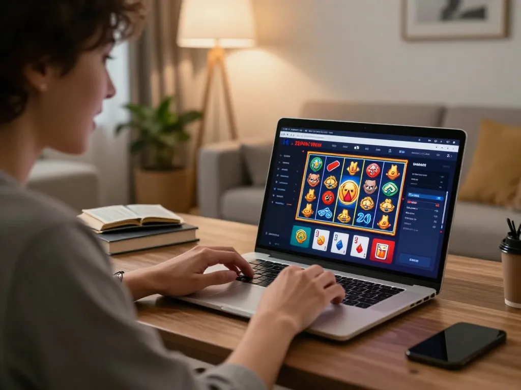 Person using 23Win online casino on a laptop in a cozy home setting, showcasing excitement in gaming.