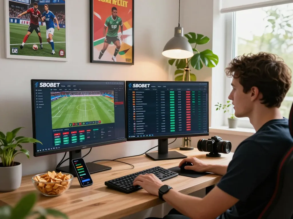 SBOBET betting experience in a trendy home office with live sports odds on dual screens