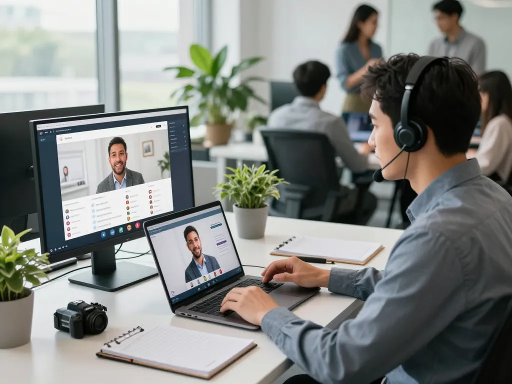 Engaging recruiter using a voice interview platform in a modern office environment.