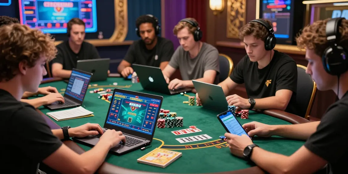 Baccarat online players engaged in an exciting session, with gaming devices and strategy guides highlighting the immersive experience.