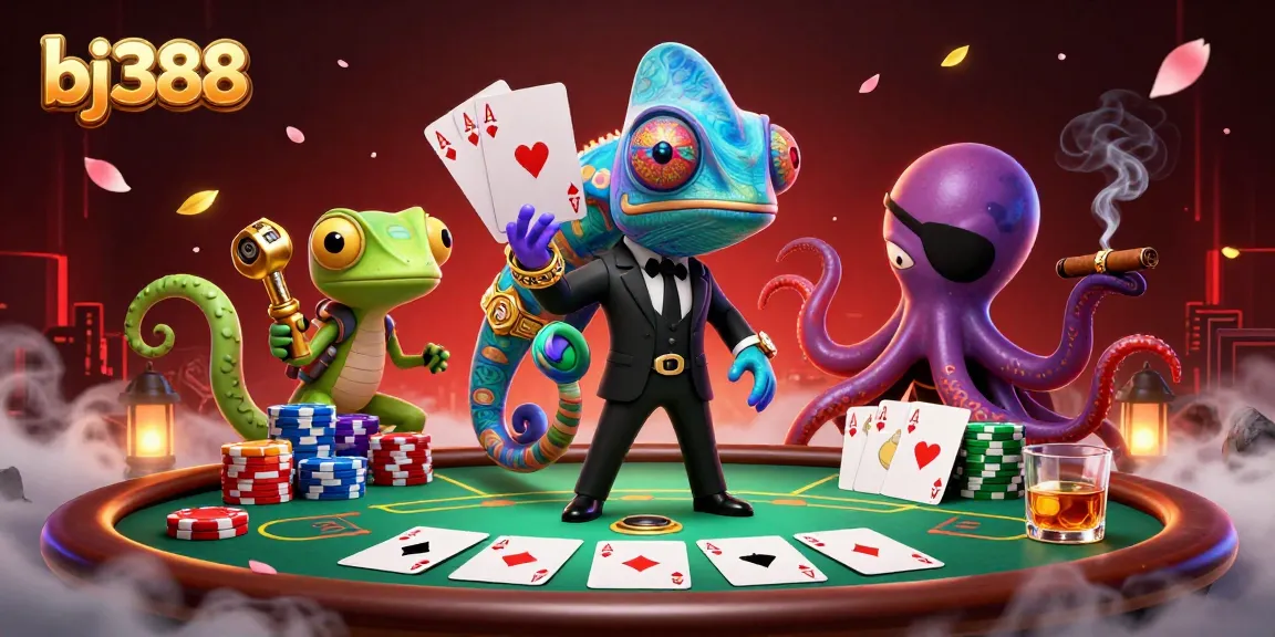 bj388 secret agent scene showcasing a dynamic poker game with vibrant characters.