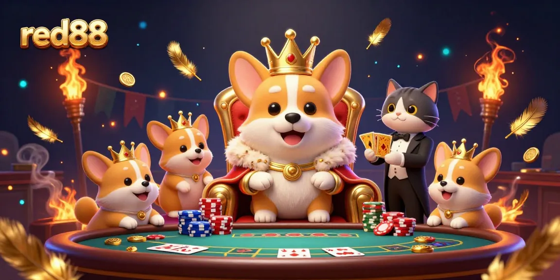 Engage with red88, a lively casino arena scene featuring a royal corgi, poker elements, and playful ambiance.