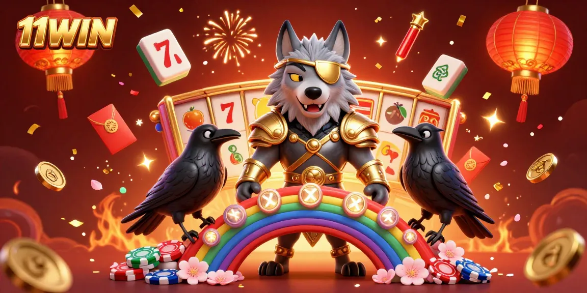 Experience 11WIN casino thrills with an Odin-themed 3D illustration featuring vibrant games and festive elements.