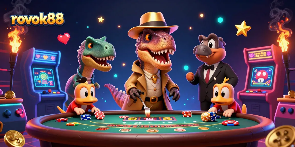 Engage with rokok88 at the blackjack table with cartoon dinosaurs in this vibrant casino scene.