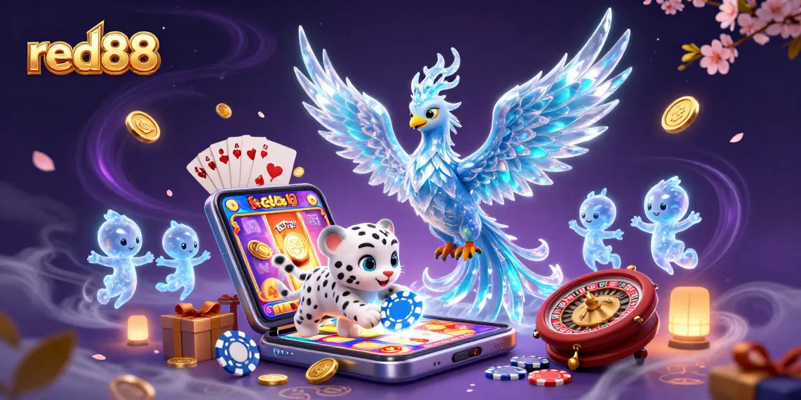 Experience the fun of red88 with an ice phoenix and playful casino elements in vibrant colors.