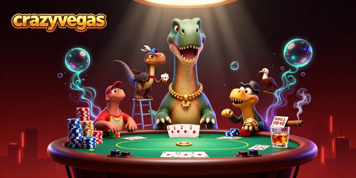 Experience thrilling poker action at crazyvegas with a towering brontosaurus dealer and vibrant card games.