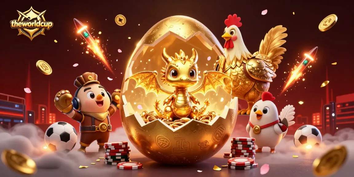 Engage with theworldcup excitement as golden dragon emerges from an egg amidst poker chips.