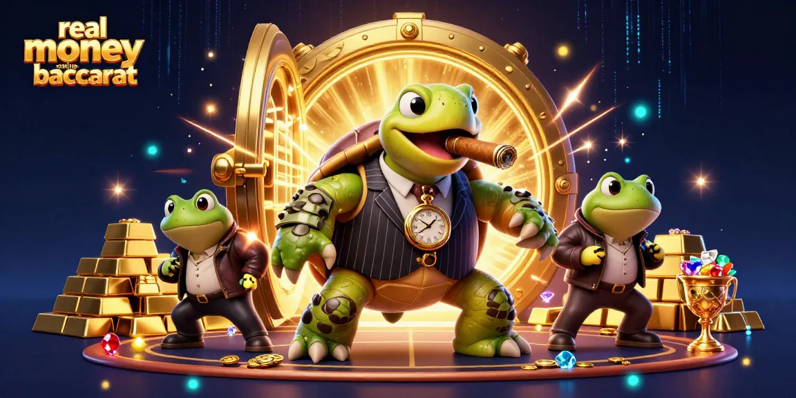 Embark on real money online baccarat with vibrant 3D illustration featuring a giant turtle dealer and casino atmosphere.