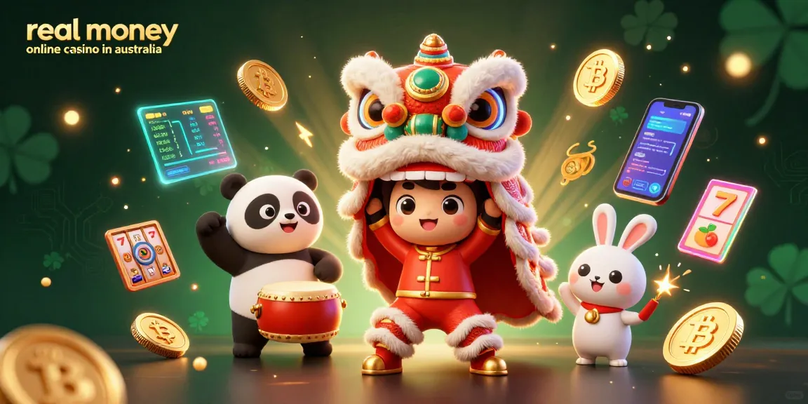 Experience the thrill of a real money online casino in Australia with a lively 3D lion dance scene.
